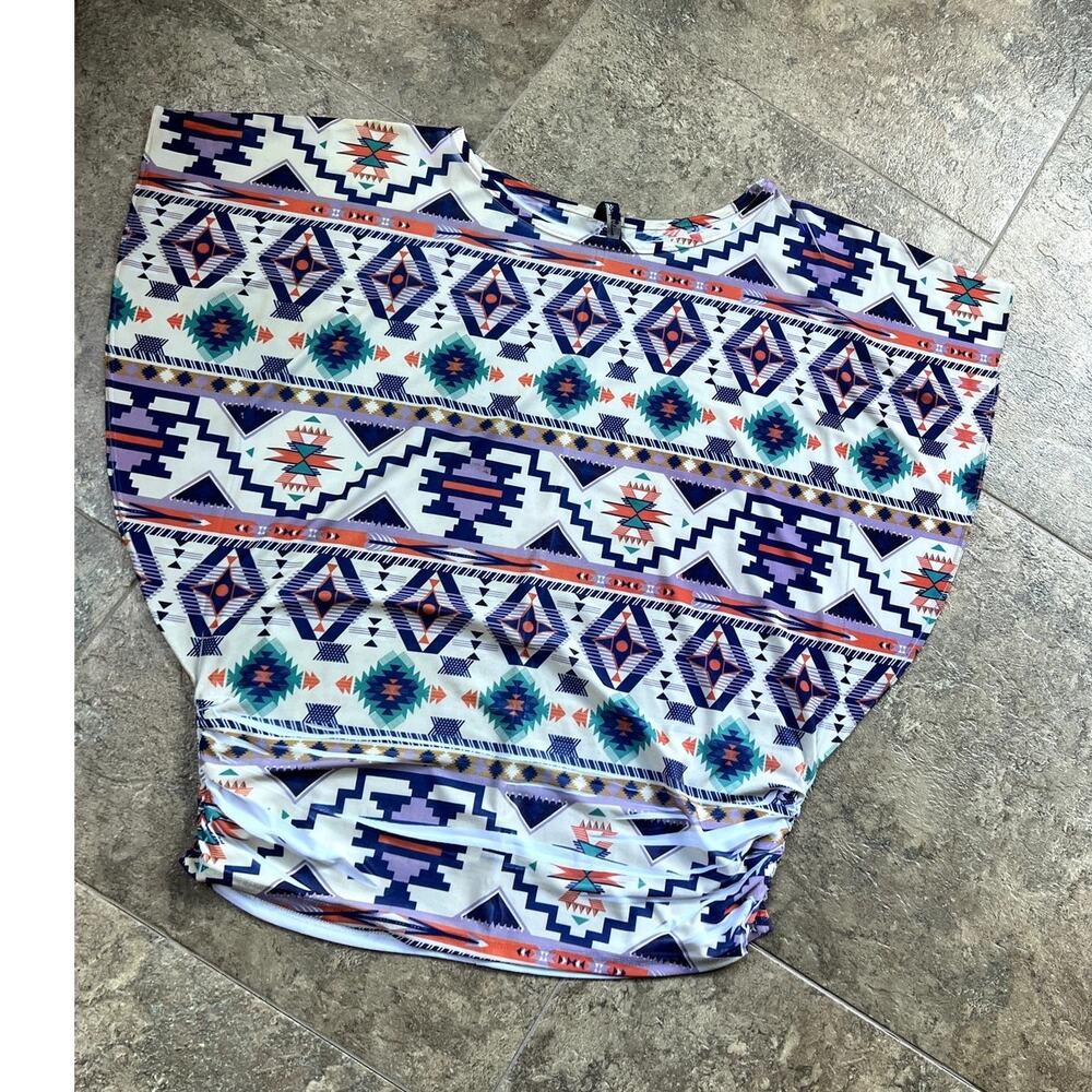 Superline Aztec Print Multicolor Shirred Elastic Waist Tunic, Women's size L